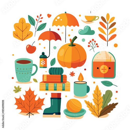 A simple flat vector illustration of pumpkins, squash, acorns, and autumn leaves. A seasonal harvest design perfect for Thanksgiving, fall decor, woodland themes, and cozy rustic backgrounds.
