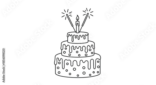 Minimalist three-tiered birthday cake illustration with a lit candle on top and two sparklers on a clean white background.