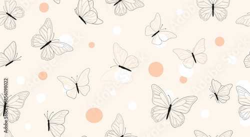 Delicate line art butterflies flutter across a light beige background decorated with soft orange and white circular shapes.