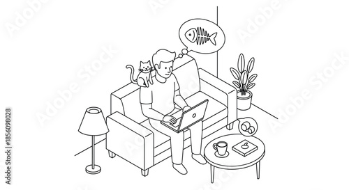 Isometric line art scene showing a man working on a laptop while sitting on a couch in a cozy room with a cat on his shoulder and a coffee table.