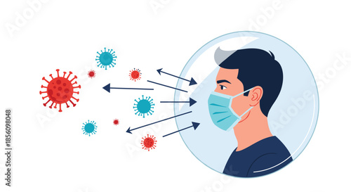Man wearing a blue surgical mask is shown inside a protective bubble shielding him from various floating colorful virus particles.