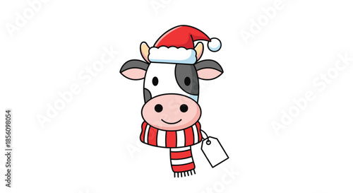 Adorable cartoon cow wearing a red and white Santa hat and a matching striped scarf is ready for the festive holiday season.