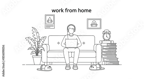 Person working from home sits on a cozy sofa using a laptop while wearing headphones in a detailed black and white illustration.
