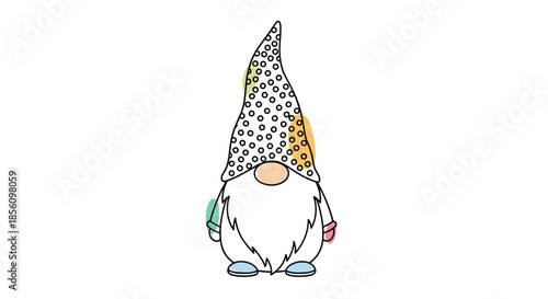 Cute garden gnome wearing a tall hat with black polka dots is surrounded by colorful abstract spots on a white background.