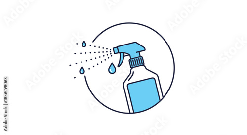 Simple blue and white cleaning icon shows a spray bottle with liquid droplets inside a circular frame on a plain background.