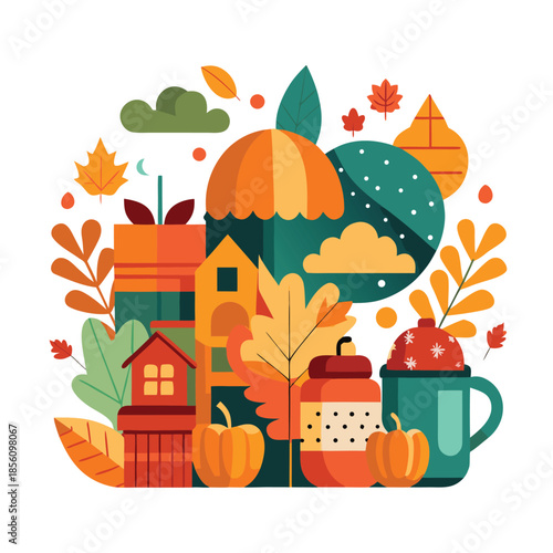 A simple flat vector illustration of pumpkins, squash, acorns, and autumn leaves. A seasonal harvest design perfect for Thanksgiving, fall decor, woodland themes, and cozy rustic backgrounds.
