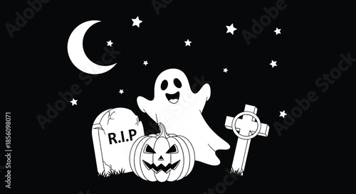 Spooky Halloween scene features a ghost, a carved pumpkin lantern, and tombstones under a crescent moon in a starry night.