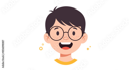 Cheerful cartoon portrait of a young boy with dark hair and round glasses smiling happily in a colorful flat illustration style.