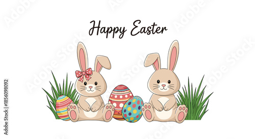 Adorable Easter illustration features two cute bunnies sitting together among colorful decorated eggs and green grass blades.
