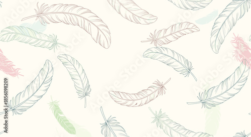 Seamless background pattern of delicate bird feathers illustrated in soft pastel colors on a light cream surface.