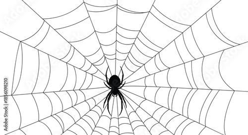 Symmetrical spiderweb illustration with a large black spider positioned at the center on a plain white background.