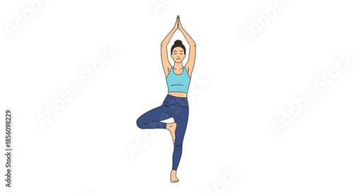 Minimalist flat illustration of a young woman practicing yoga tree pose for wellness and balance on white.