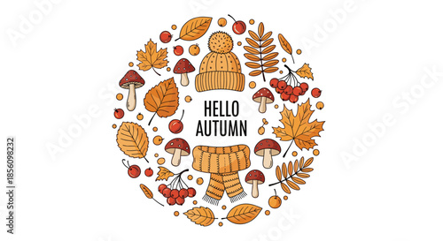 Circular autumn arrangement with colorful leaves, mushrooms, berries, and winter accessories around hello text.
