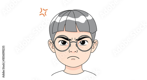Cartoon portrait of an angry-looking young boy with a gray bowl cut hairstyle and round black-rimmed glasses.