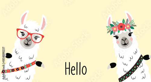 Two cute white llamas, one with glasses and one with a flower crown, greeting with the word hello in the center.