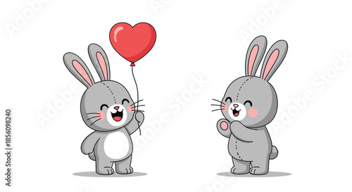 Two adorable cartoon bunnies with happy expressions, one holding a bright red heart-shaped balloon for love.