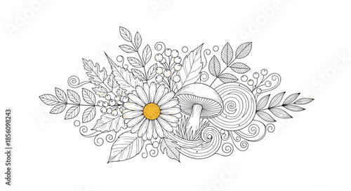 Intricate hand-drawn autumn composition with a large daisy, wild mushroom, colorful leaves, and forest berries.