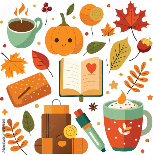 A simple flat vector illustration of pumpkins, squash, acorns, and autumn leaves. A seasonal harvest design perfect for Thanksgiving, fall decor, woodland themes, and cozy rustic backgrounds.
