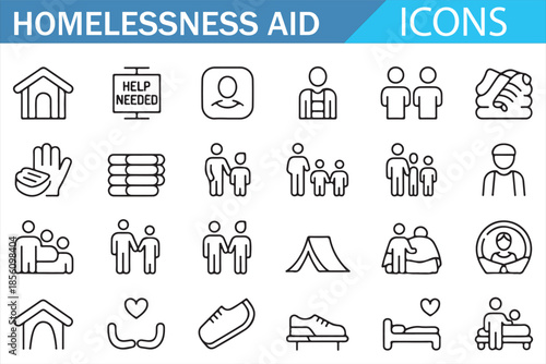 Homeless Shelter and Community Help Icons in Line Style