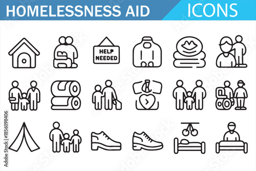 Social Support and Homeless Aid Outline Icons Collection
