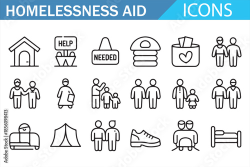 Homelessness Aid Icons Set for Shelter Support and Social Assistance
