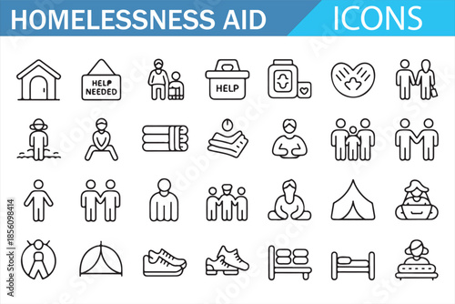 Homelessness Aid and Social Support Icons Set in Outline Style for Shelter Help Charity Care Community Assistance and Humanitarian Services