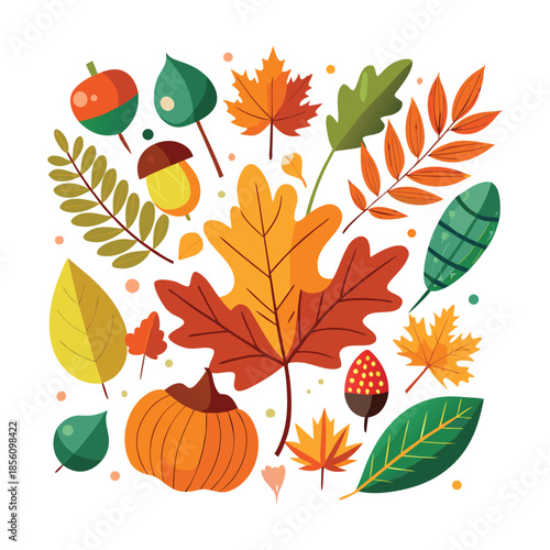 A simple flat vector illustration of pumpkins, squash, acorns, and autumn leaves. A seasonal harvest design perfect for Thanksgiving, fall decor, woodland themes, and cozy rustic backgrounds.
