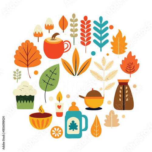 A simple flat vector illustration of pumpkins, squash, acorns, and autumn leaves. A seasonal harvest design perfect for Thanksgiving, fall decor, woodland themes, and cozy rustic backgrounds.
