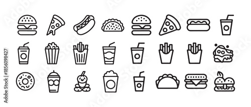Minimal Line Fast Food and Grocery Icons Set. Black Outline Food Symbols Collection. Vector illustration eps 10
