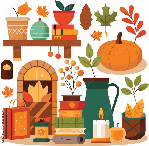 A simple flat vector illustration of pumpkins, squash, acorns, and autumn leaves. A seasonal harvest design perfect for Thanksgiving, fall decor, woodland themes, and cozy rustic backgrounds.
