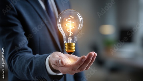Close-up of a business professional holding a glowing light bulb above an open palm in a blurred office, symbolizing innovation, ideas, creativity, and strategic thinking