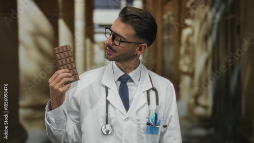 Obraz na płótnie Hispanic doctor with stethoscope holds chocolate bar with warm smile in sunlit old town street; indulgence
