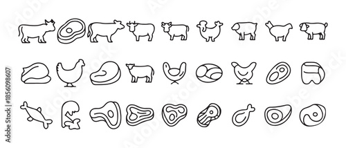 Minimal Line Meat, Poultry and Seafood Icons Set. Black Outline Protein Food Symbols. Vector illustration eps 10