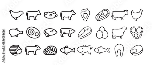Minimal Line Meat, Poultry and Seafood Icons Set. Black Outline Protein Food Symbols. Vector illustration eps 10