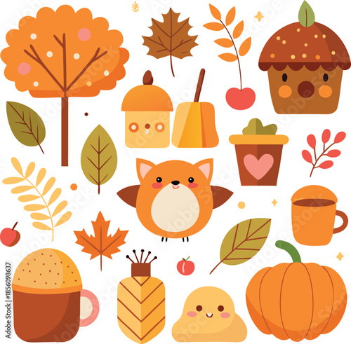 A simple flat vector illustration of pumpkins, squash, acorns, and autumn leaves. A seasonal harvest design perfect for Thanksgiving, fall decor, woodland themes, and cozy rustic backgrounds.
