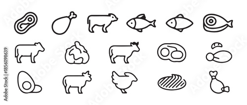 Minimal Line Meat, Poultry and Seafood Icons Set. Black Outline Protein Food Symbols. Vector illustration eps 10