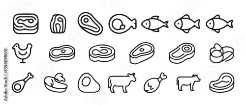 Minimal Line Meat, Poultry and Seafood Icons Set. Black Outline Protein Food Symbols. Vector illustration eps 10
