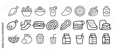 Minimal Line Fast Food and Grocery Icons Set. Black Outline Food Symbols Collection. Vector illustration eps 10