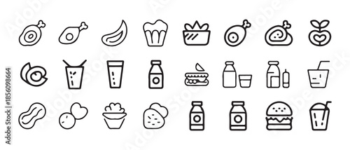 Minimal Line Fast Food and Grocery Icons Set. Black Outline Food Symbols Collection. Vector illustration eps 10