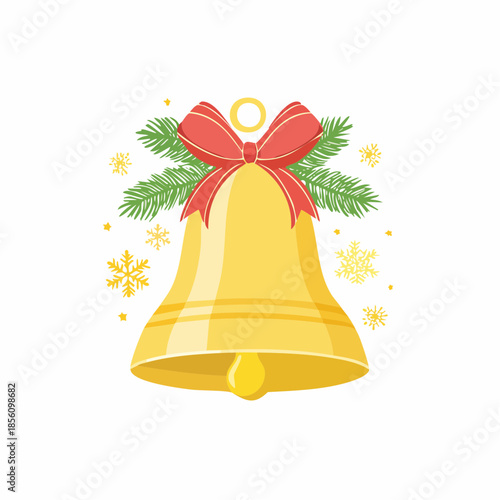 Vibrant Christmas bell with red bow and pine needles on white background