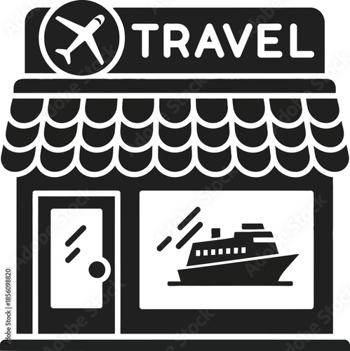 Travel Agency Store Icon with Airplane and Cruise Ship, Tourism Service Vector Illustration