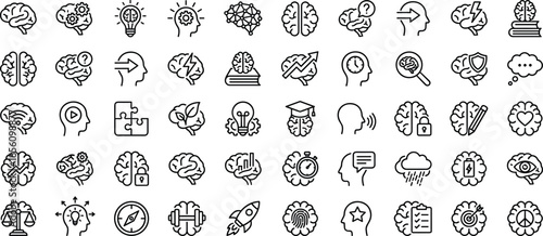 brain, mind, psychology, thinking, intelligence, creativity, cognition, mental, learning, knowledge, neuroscience, idea, innovation, memory, decision, analysis, education, awareness, icons, vector