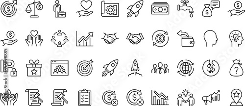 Business finance and startup icon set, investment growth symbols, teamwork success elements, money strategy tools, outline style, cad drawing flat vector illustration
