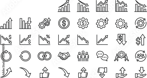 Business finance growth icon set, charts arrows symbols, profit loss analytics, teamwork process elements, outline style, cad drawing flat vector illustration