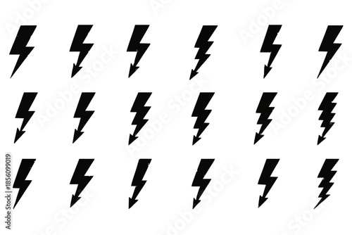 A grid of various black lightning bolt icons on a white background, representing electricity, power, and speed.