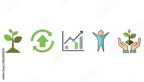 A row of five icons representing growth, sustainability, business progress, personal achievement, and environmental care.