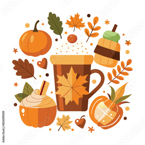 A simple flat vector illustration of pumpkins, squash, acorns, and autumn leaves. A seasonal harvest design perfect for Thanksgiving, fall decor, woodland themes, and cozy rustic backgrounds.
