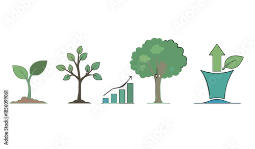 A sequence of illustrations depicting plant growth from a sprout to a mature tree, alongside a bar graph showing upward progress and a plant with an upward arrow, symbolizing development and success.
