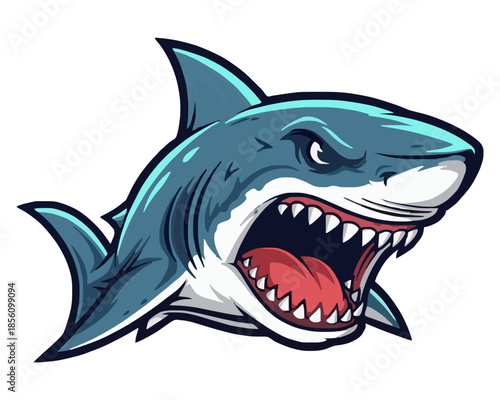Dynamic illustration of an aggressive blue shark with its mouth wide open showing sharp teeth.