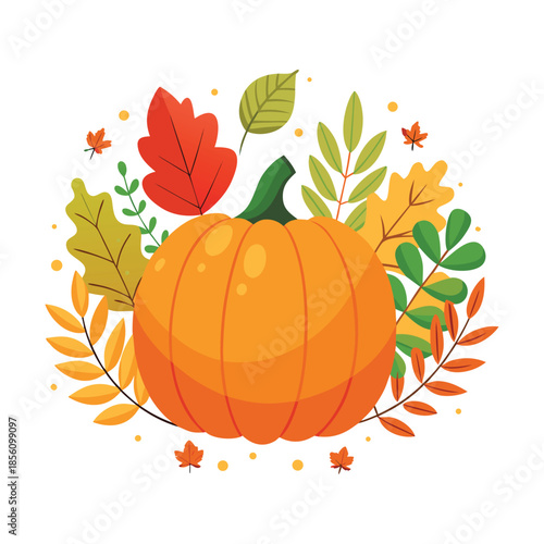 A simple flat vector illustration of pumpkins, squash, acorns, and autumn leaves. A seasonal harvest design perfect for Thanksgiving, fall decor, woodland themes, and cozy rustic backgrounds.
